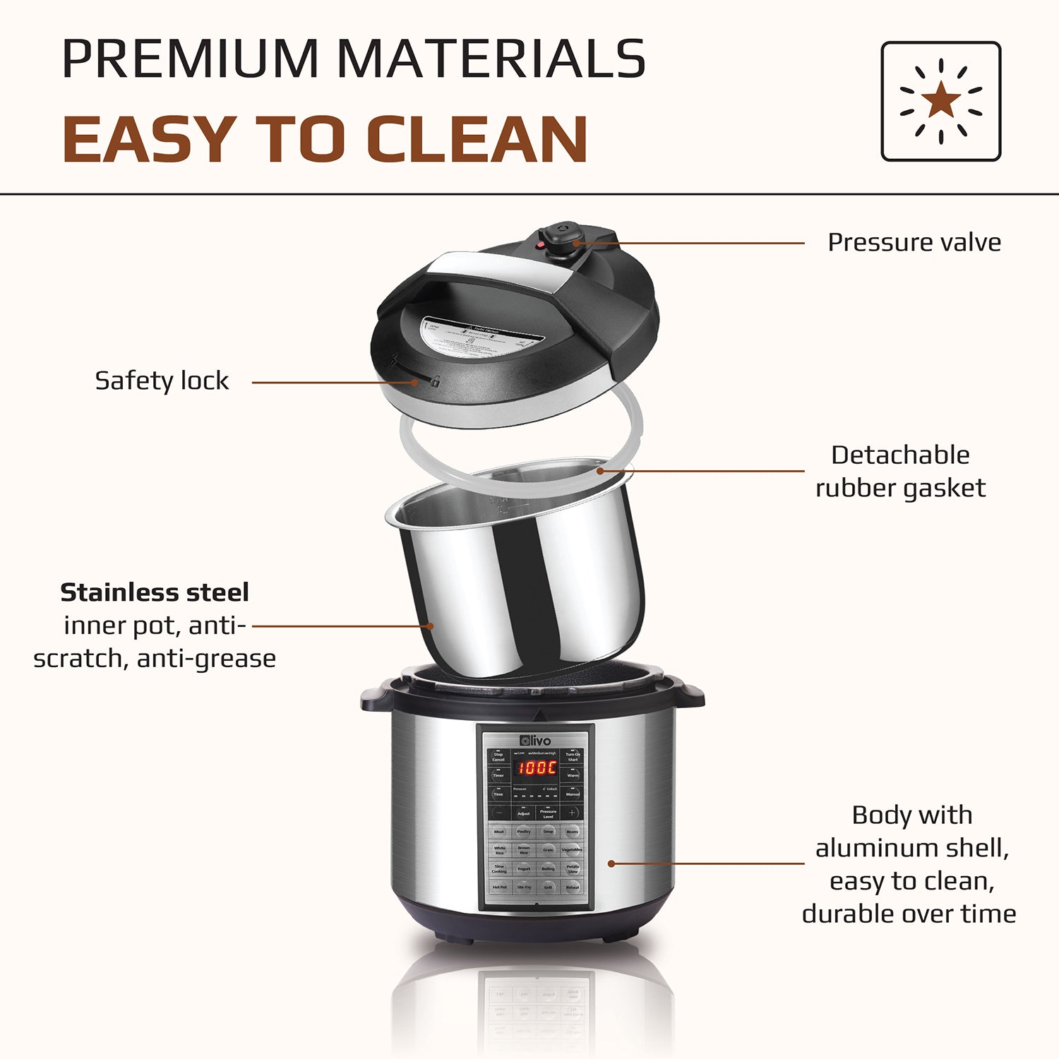 OLIVO PC60 Multifunctional Electric Pressure Cooker - 16 Preset Modes - Capacity 6L – Power 1000W