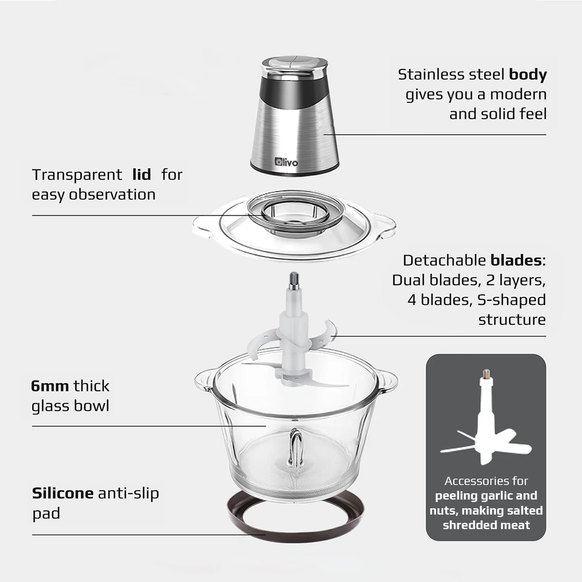 OLIVO FC21 Multifunctional Food Chopper - Capacity 2.1L - Power 500W