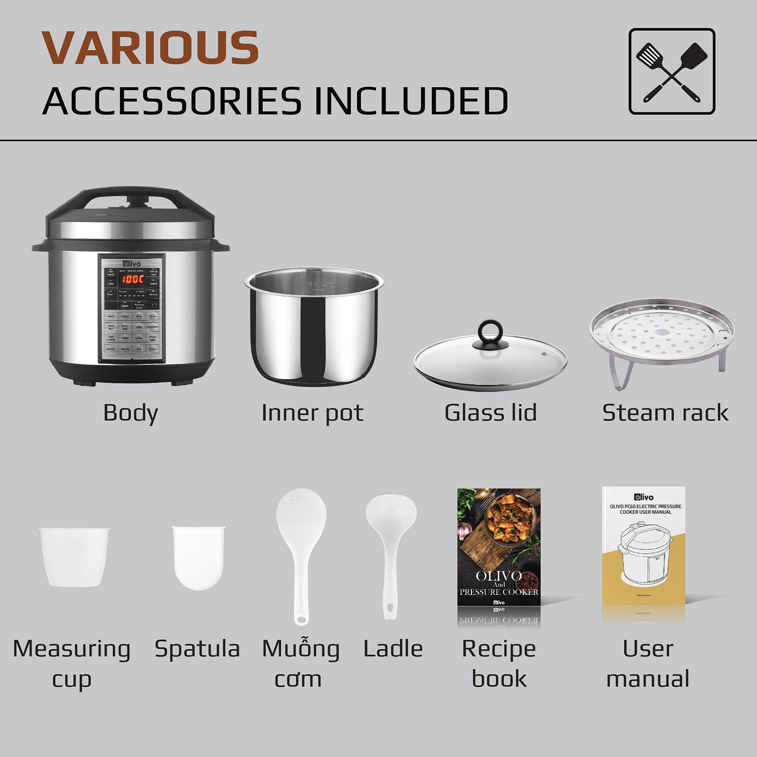 OLIVO PC60 Multifunctional Electric Pressure Cooker - 16 Preset Modes - Capacity 6L – Power 1000W