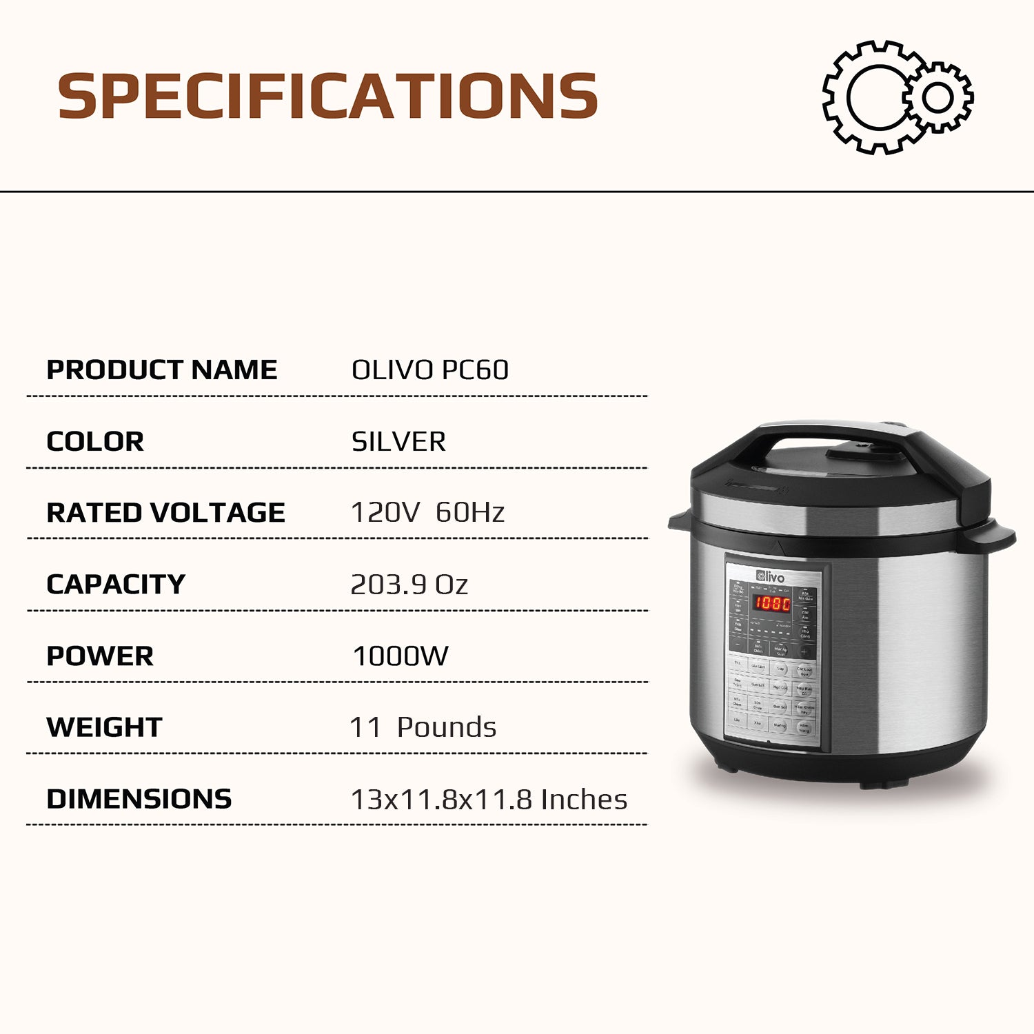 OLIVO PC60 Multifunctional Electric Pressure Cooker - 16 Preset Modes - Capacity 6L – Power 1000W