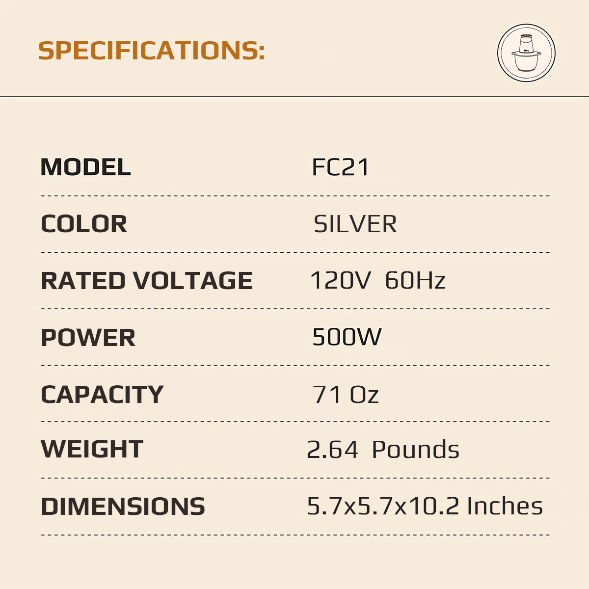 OLIVO FC21 Multifunctional Food Chopper - Capacity 2.1L - Power 500W