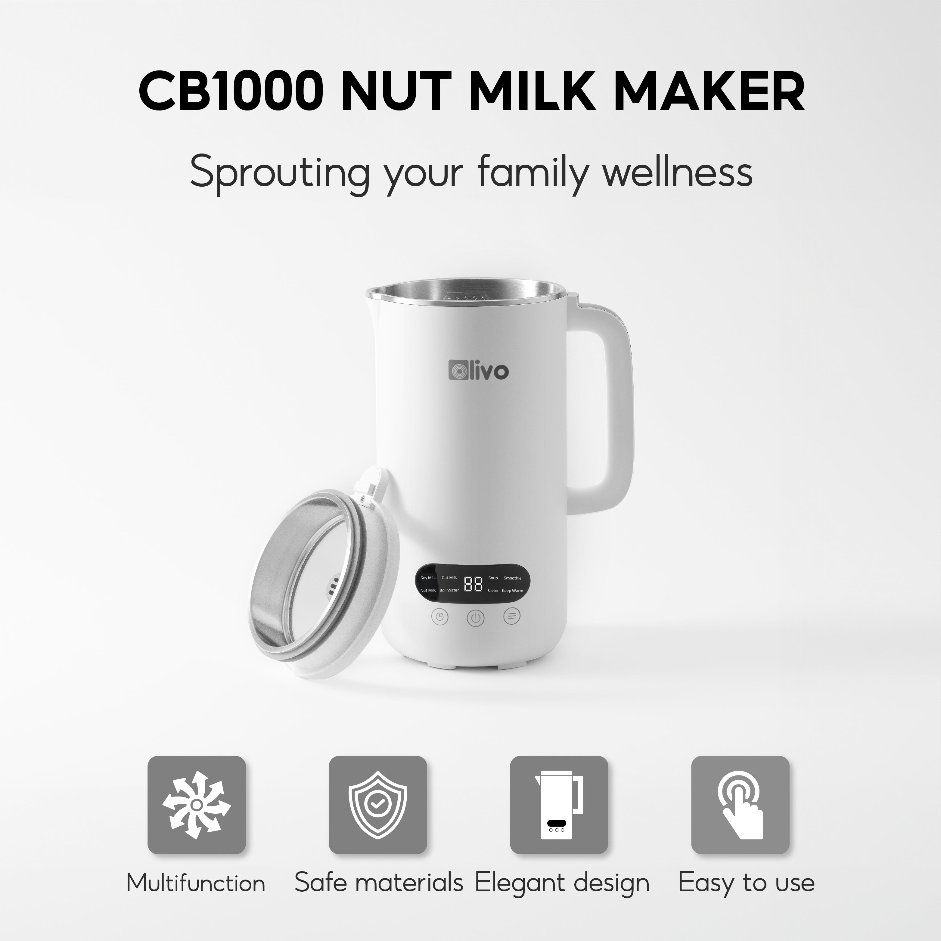 OLIVO CB1000 Automatic Nut Milk Maker - Almond, Cashew, Soy & Oat Milk Maker - Smoothie Blender - Soup Maker, 35 Oz, 9 Functions, 304 Stainless Steel, Safety Sensor, Spill-Proof, Easy to Use