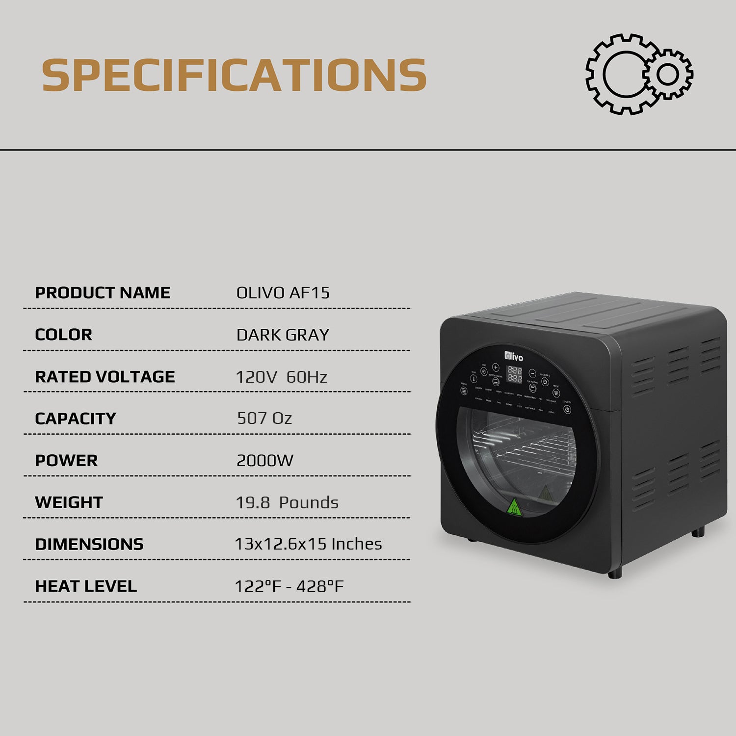 OLIVO AF15 Air Fryer - 16 Preset Functions - 15L Capacity - 2000W Power